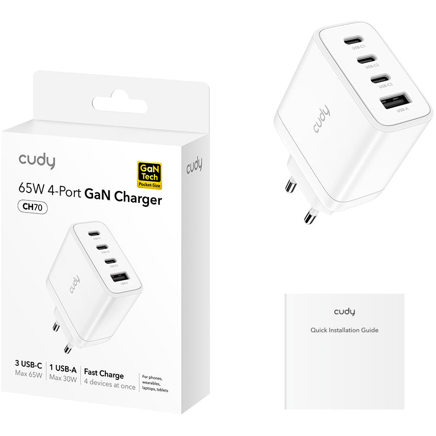 Зарядное устройство CUDY CH70 GaN Charger 3xUSB-C, 1xUSB-A PD 3.0, QC 3.0 65W White