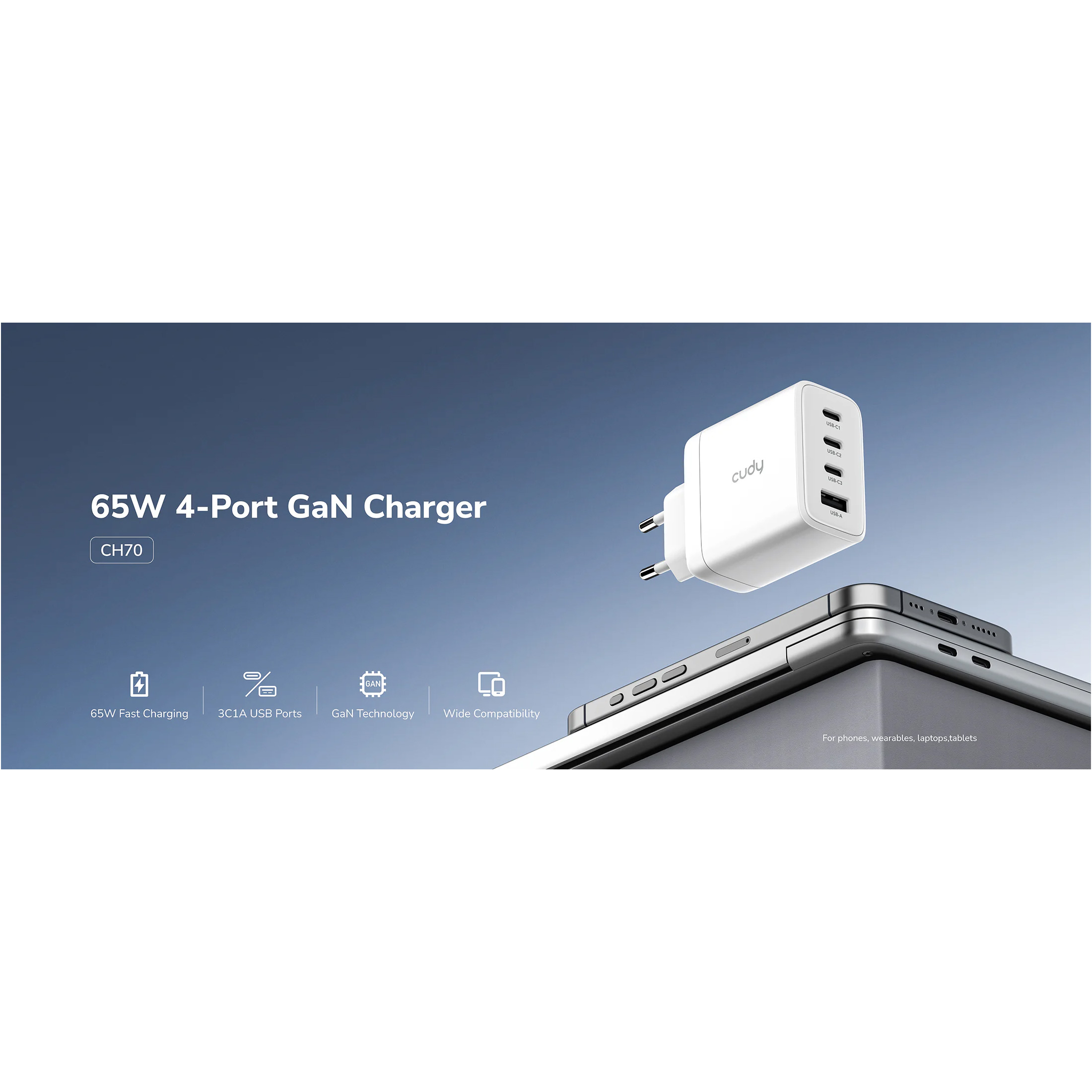 Зарядное устройство CUDY CH70 GaN Charger 3xUSB-C, 1xUSB-A PD 3.0, QC 3.0 65W White