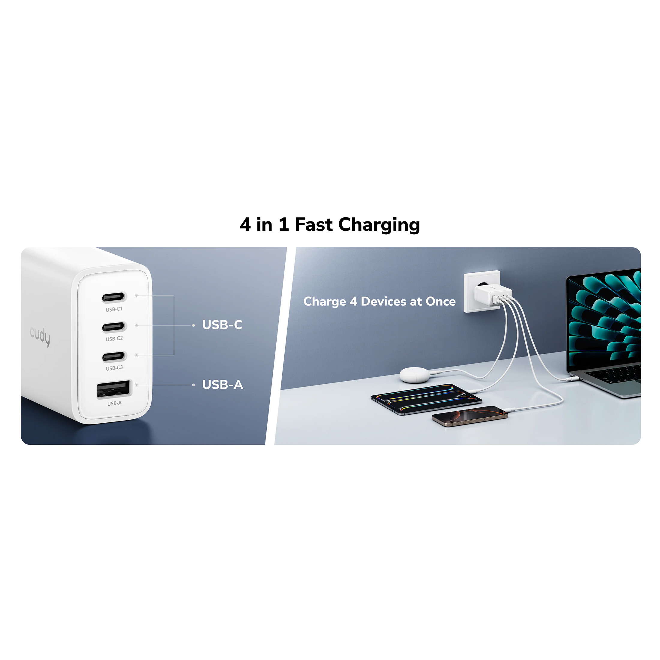 Зарядное устройство CUDY CH70 GaN Charger 3xUSB-C, 1xUSB-A PD 3.0, QC 3.0 65W White