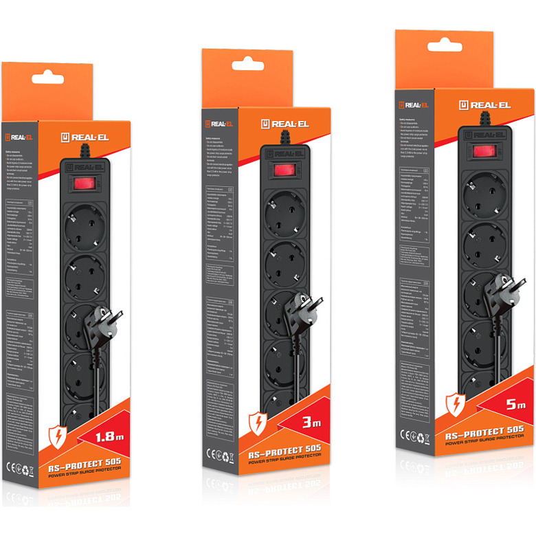 Мережевий фільтр REAL-EL RS-Protect 505 Black, 5 розеток, 3м (EL122300045)
