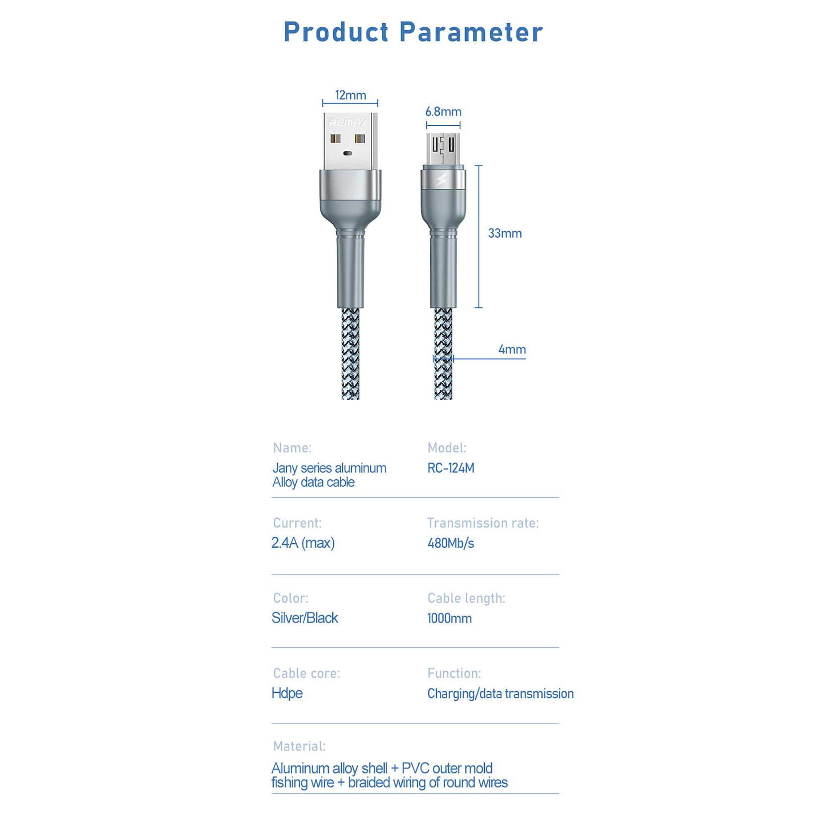 Кабель REMAX Jany USB-A to Micro-USB 1м Silver (RC-124M)
