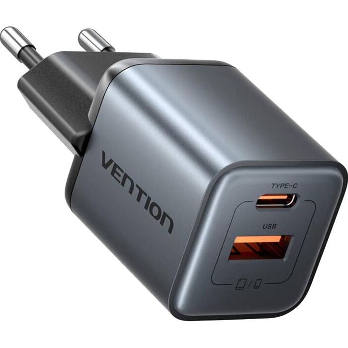 Зарядний пристрій VENTION 1xUSB-C, 1xUSB-A GaN Charger 30W Gray (FEWH0-EU)