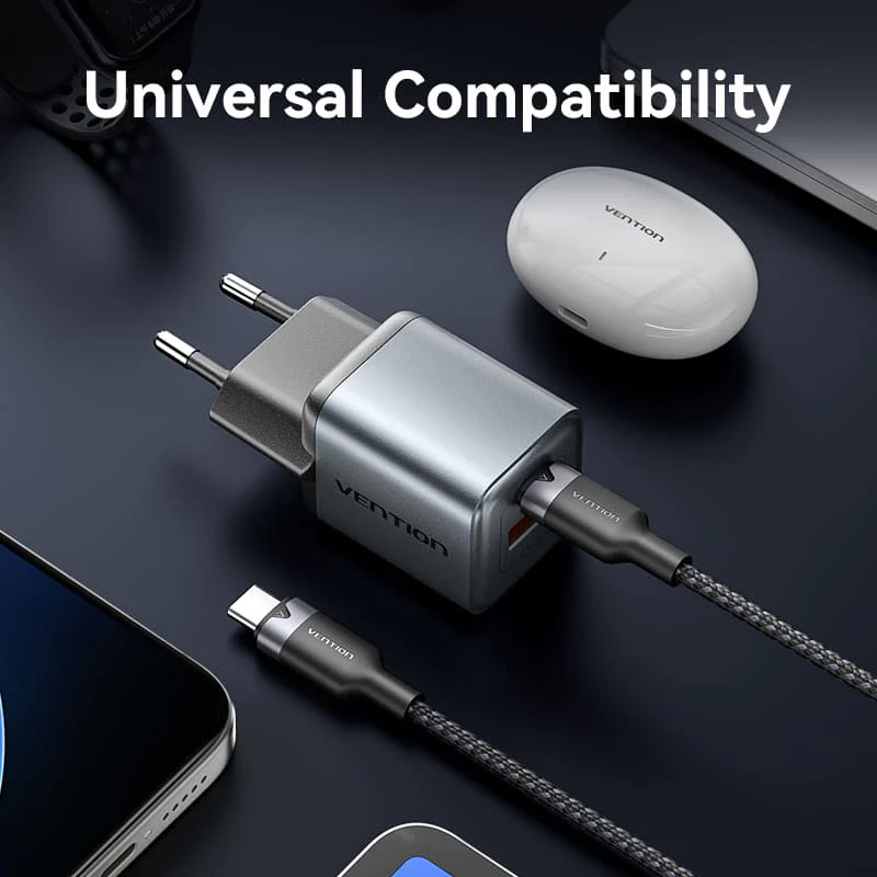 Зарядний пристрій VENTION 1xUSB-C, 1xUSB-A GaN Charger 30W Gray (FEWH0-EU)