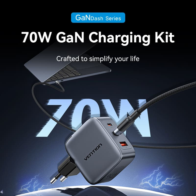 Зарядний пристрій VENTION 2xUSB-C, 1xUSB-A GaN Charger 70W Gray w/Type-C cable (TZ-FEXH0-EU)