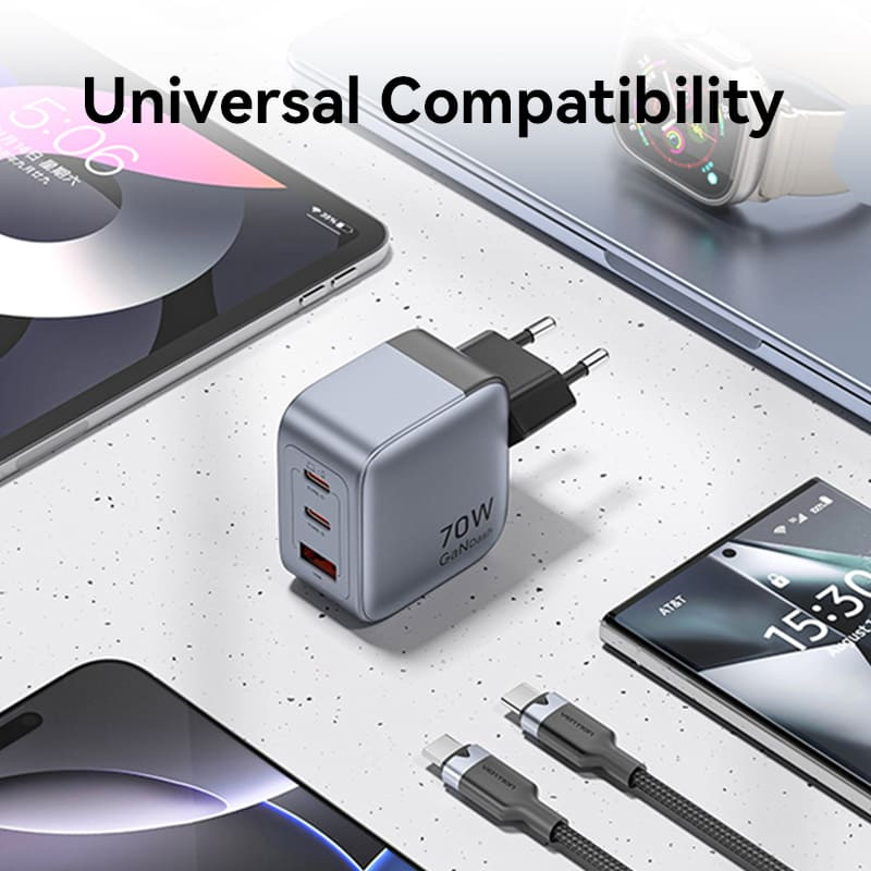 Зарядний пристрій VENTION 2xUSB-C, 1xUSB-A GaN Charger 70W Gray w/Type-C cable (TZ-FEXH0-EU)