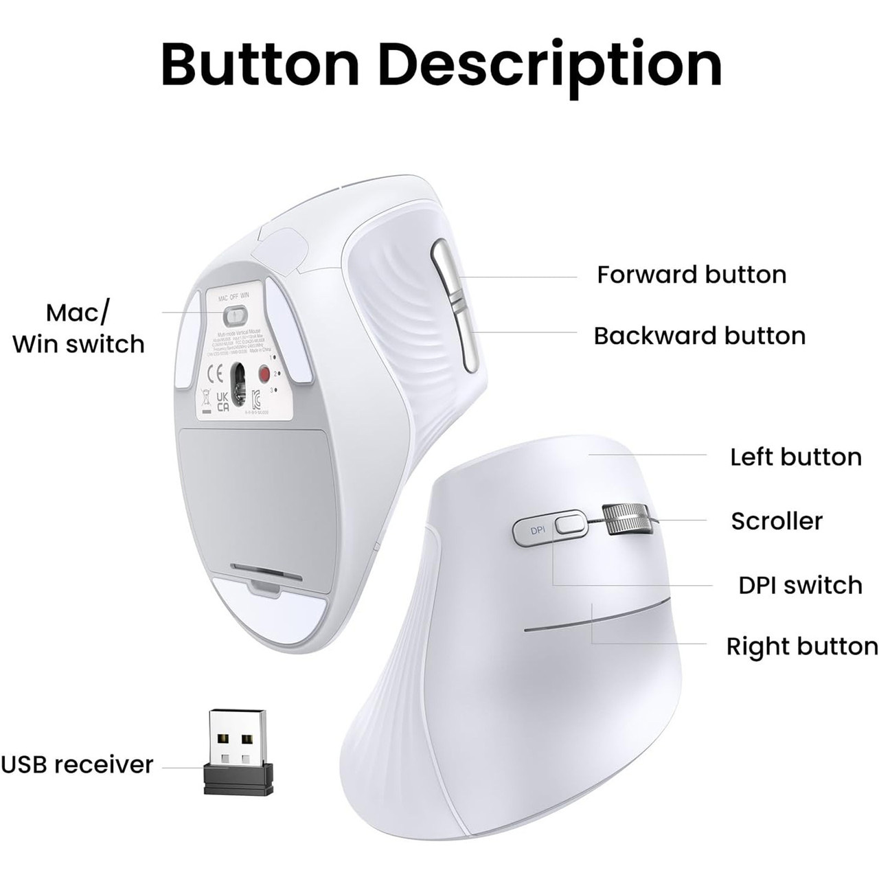 Вертикальна миша UGREEN MU008 Vertical Ergonomic White (45759)