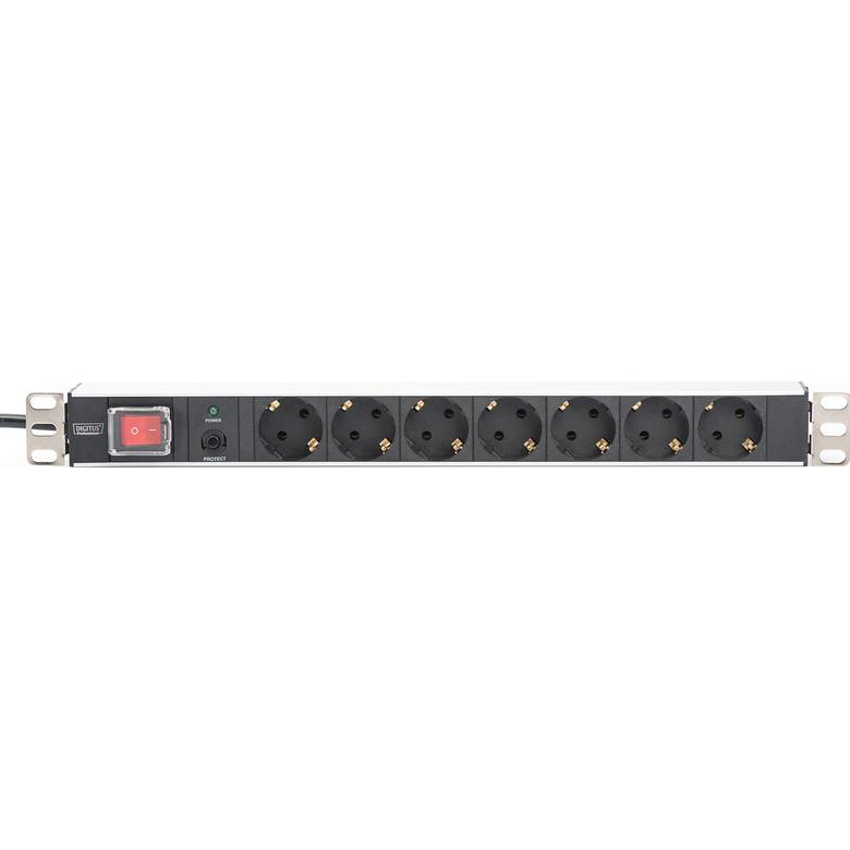 Блок розеток DIGITUS 19" Aluminum Outlet Strip with Overload Protection, 1U, 7xSchuko, 16А, з вимикачем, 2м (DN-95403)