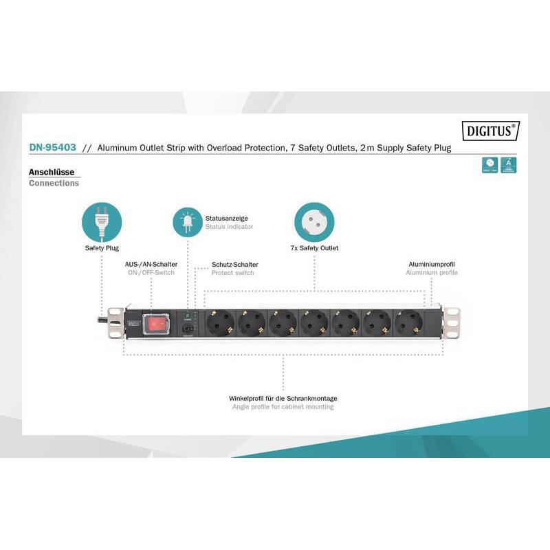 Блок розеток DIGITUS 19" Aluminum Outlet Strip with Overload Protection, 1U, 7xSchuko, 16А, з вимикачем, 2м (DN-95403)