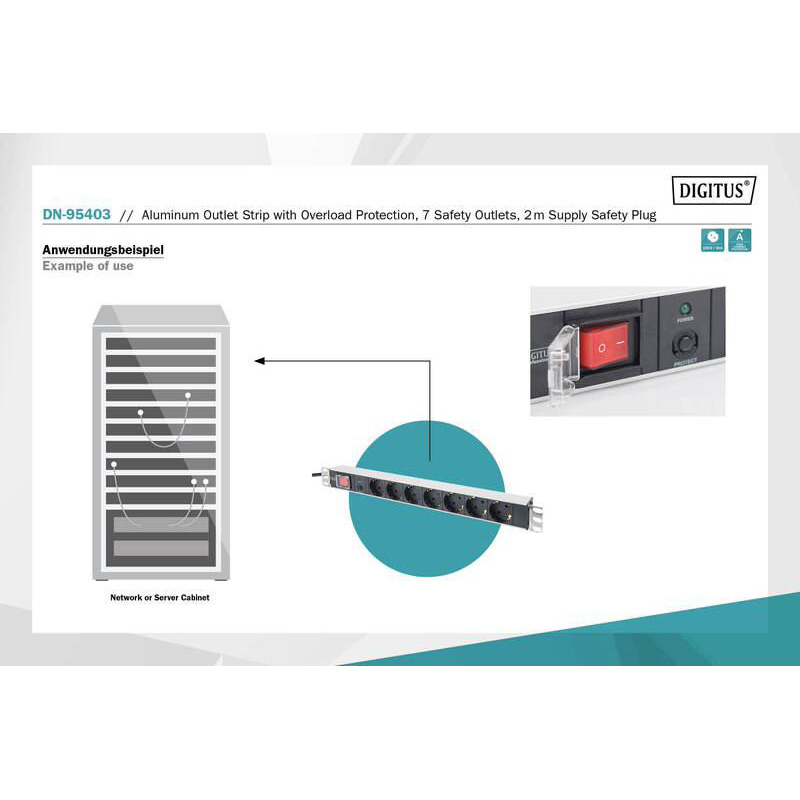 Блок розеток DIGITUS 19" Aluminum Outlet Strip with Overload Protection, 1U, 7xSchuko, 16А, з вимикачем, 2м (DN-95403)