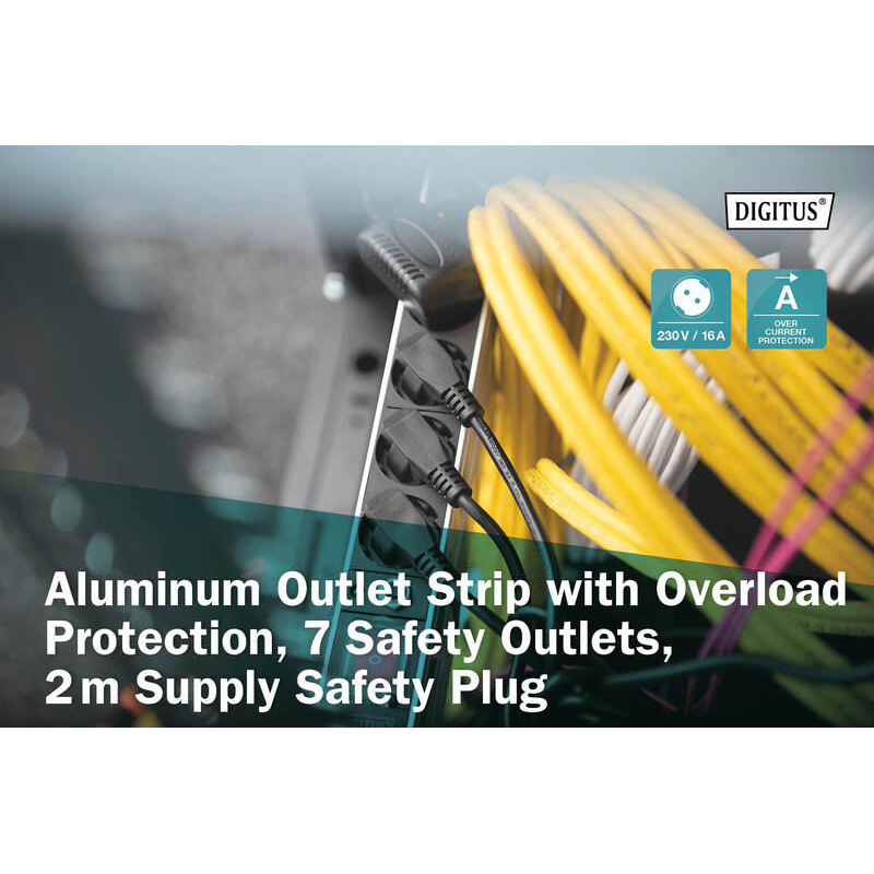 Блок розеток DIGITUS 19" Aluminum Outlet Strip with Overload Protection, 1U, 7xSchuko, 16А, з вимикачем, 2м (DN-95403)