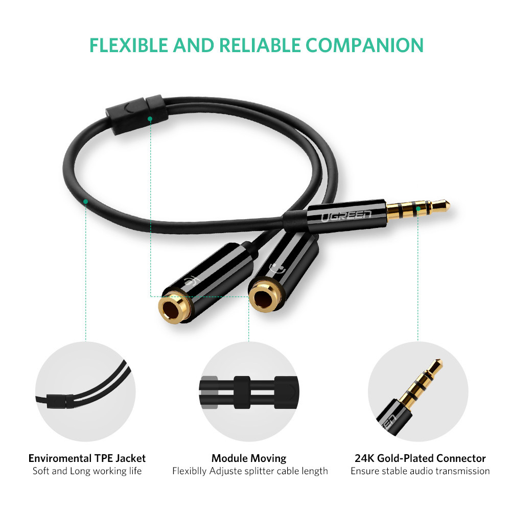 Кабель UGREEN AV141 mini-jack 3.5mm (M) - 2xmini-jack 3.5mm (F) 0.2м Black (30620)
