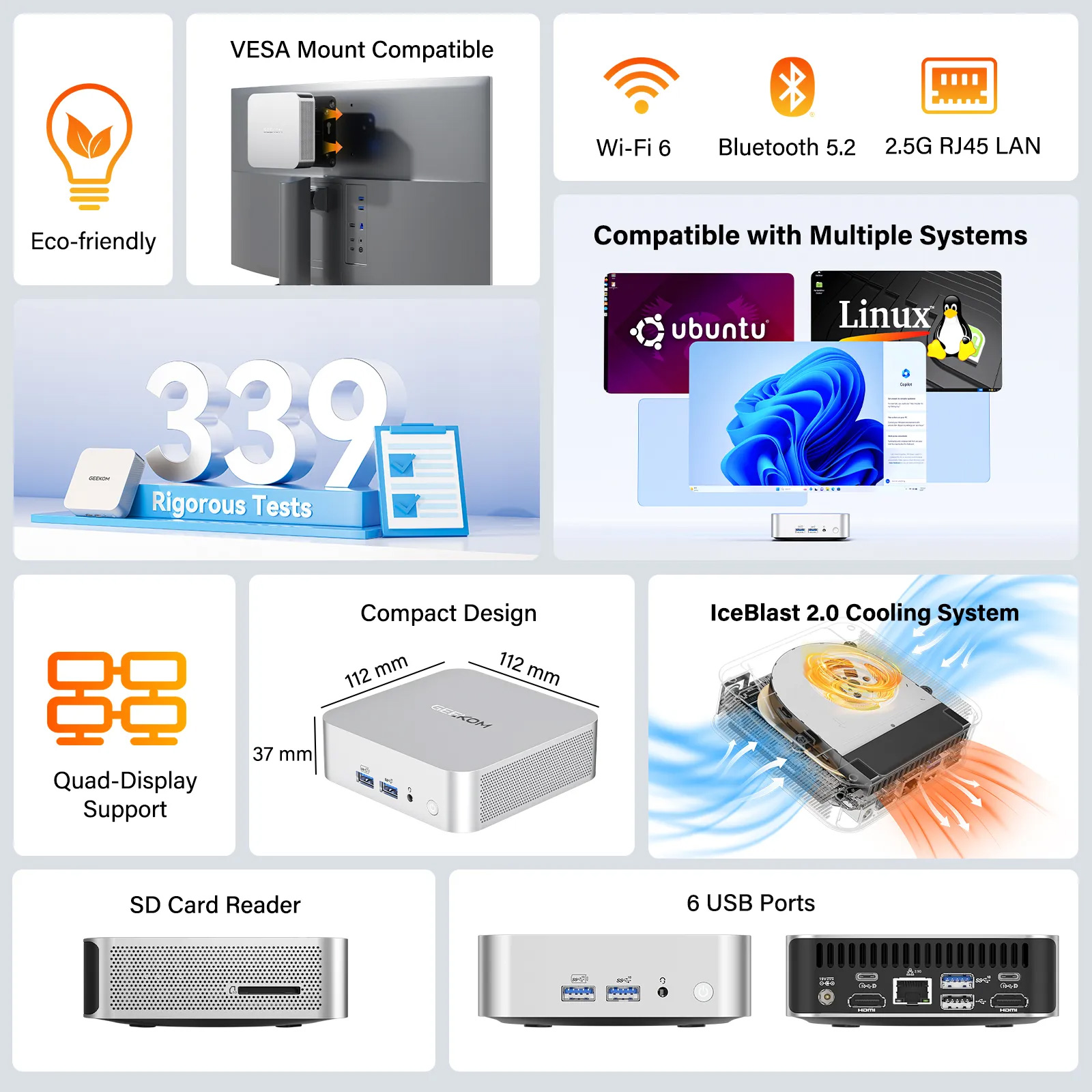 Неттоп GEEKOM A5 Pro 2026 (R5 7530U 2GHz/16GB/SSD 512GB/WF6/BT/W11P) (GMA5R57530U-16512-EU)