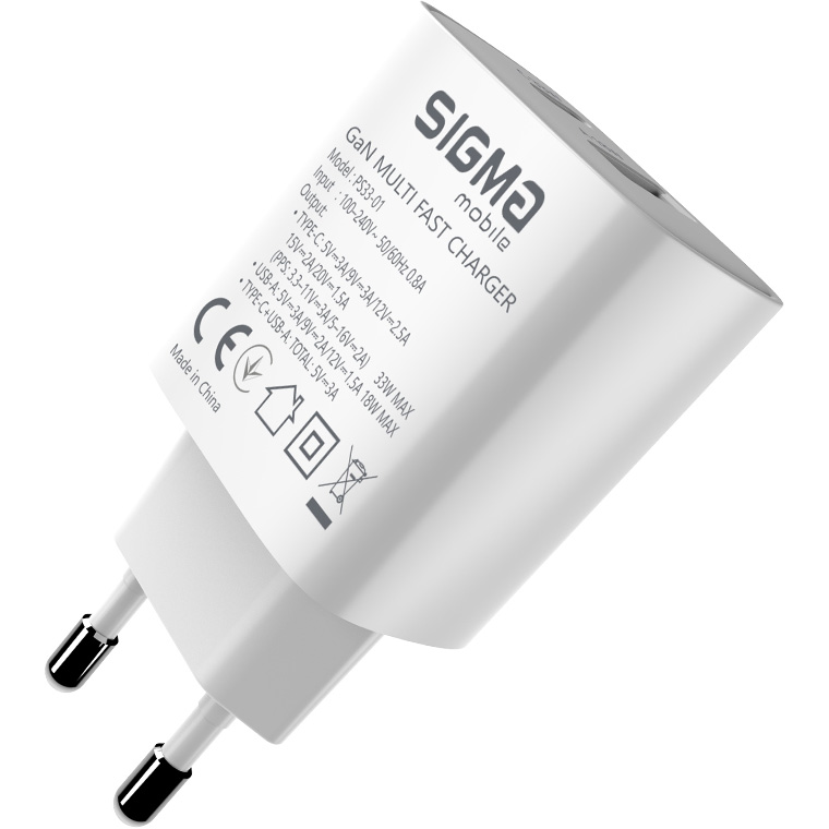Зарядний пристрій SIGMA MOBILE X-power PS33-01 1xUSB-C, 1xUSB-A GaN Charger 33W White