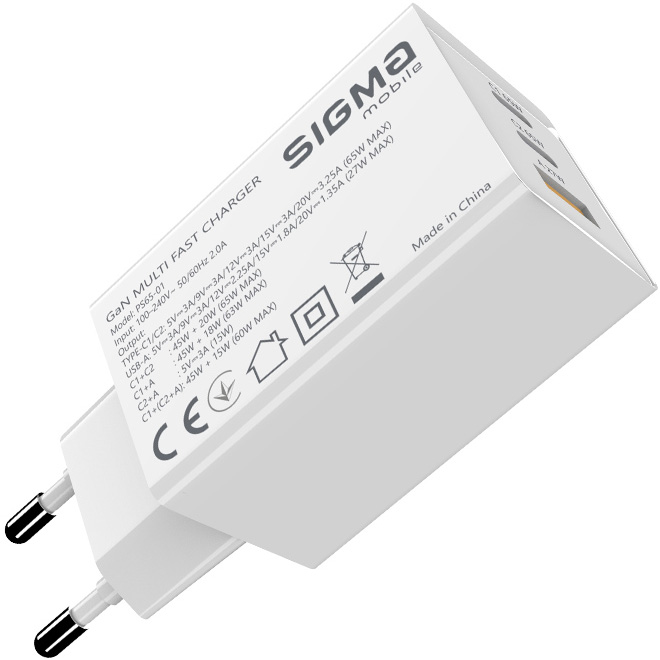 Зарядний пристрій SIGMA MOBILE X-power PS65-01 2xUSB-C, 1xUSB-A GaN Charger 65W White