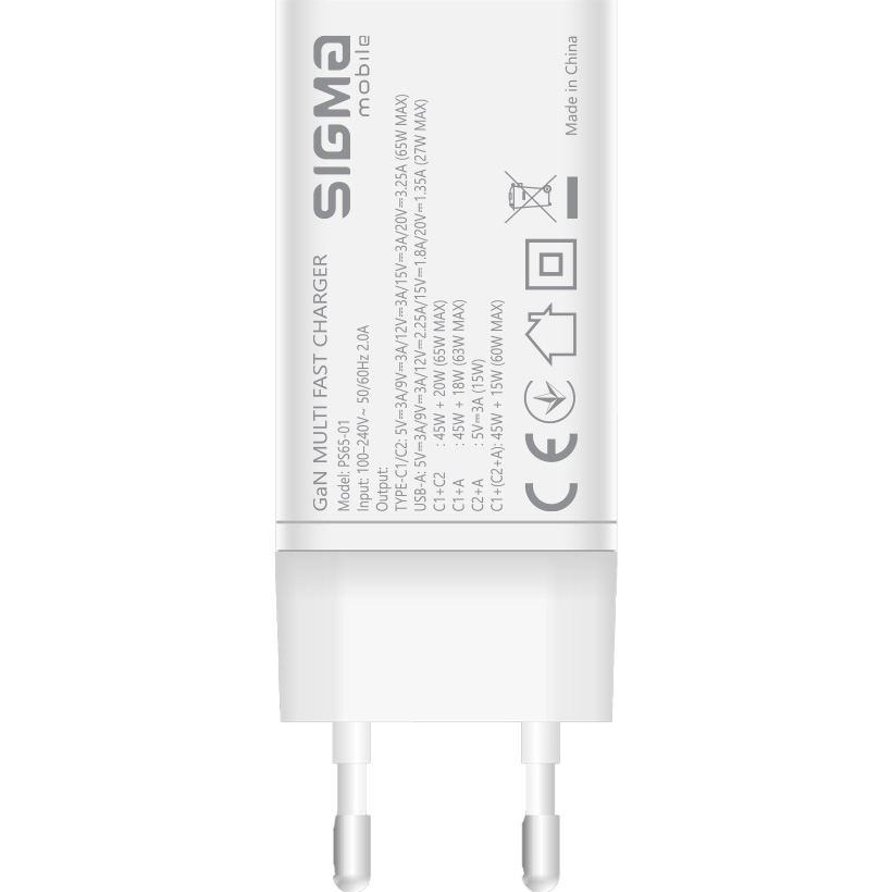 Зарядний пристрій SIGMA MOBILE X-power PS65-01 2xUSB-C, 1xUSB-A GaN Charger 65W White