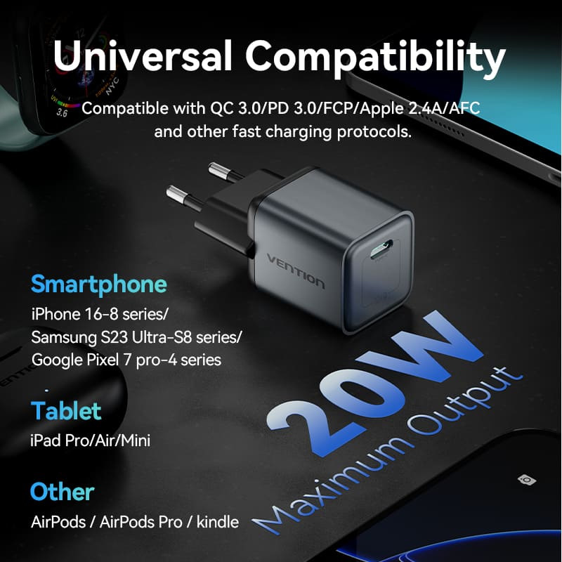 Зарядний пристрій VENTION 1xUSB-C GaN Charger 20W Gray (FEVH0-EU)