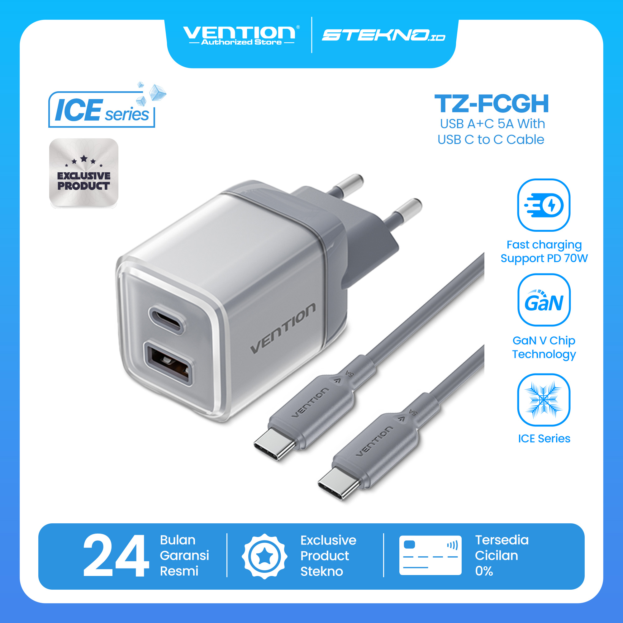 Зарядний пристрій VENTION 1xUSB-C, 1xUSB-A GaN Charger 70W Gray w/Type-C cable (TZ-FCGH0-EU)