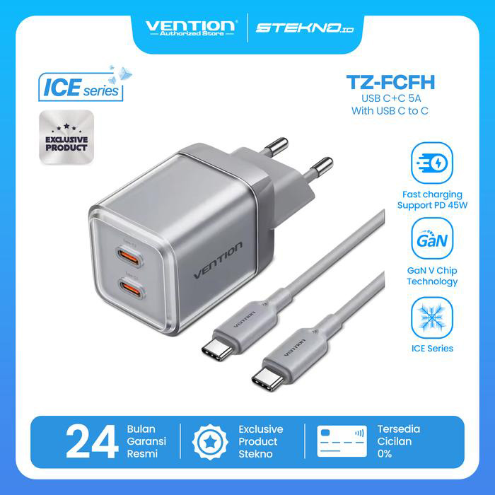 Зарядний пристрій VENTION 2xUSB-C GaN Charger 45W Gray w/Type-C cable (TZ-FCFH0-EU)