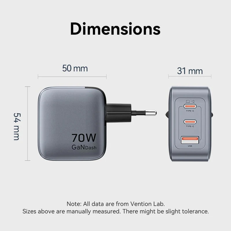 Зарядний пристрій VENTION 2xUSB-C, 1xUSB-A GaN Charger 70W Gray (FEXH0-EU)