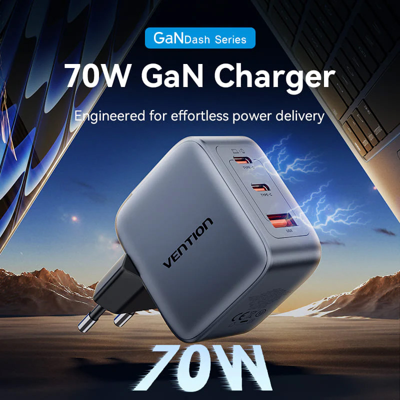 Зарядний пристрій VENTION 2xUSB-C, 1xUSB-A GaN Charger 70W Gray (FEXH0-EU)