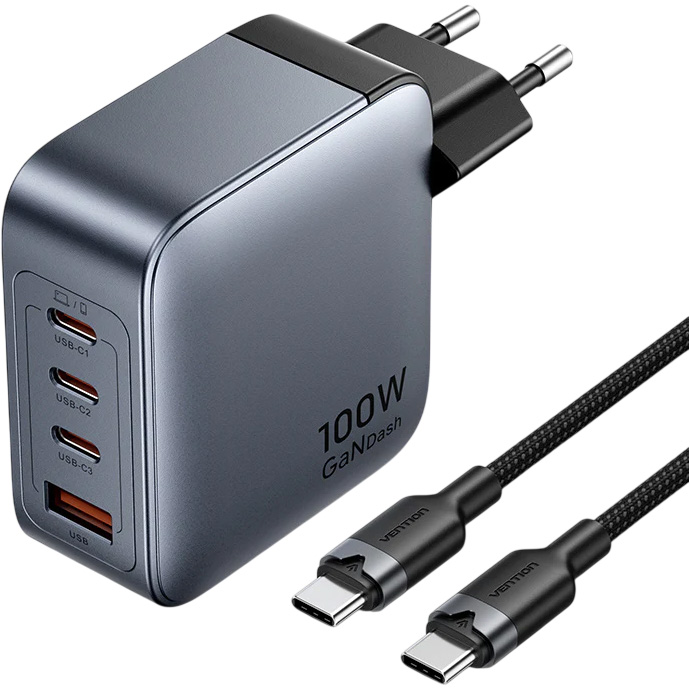 Зарядний пристрій VENTION 3xUSB-C, 1xUSB-A GaN Charger 100W Gray w/Type-C cable (TZ-FETH0-EU)