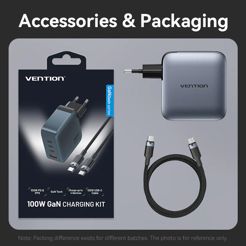 Зарядний пристрій VENTION 3xUSB-C, 1xUSB-A GaN Charger 100W Gray w/Type-C cable (TZ-FETH0-EU)