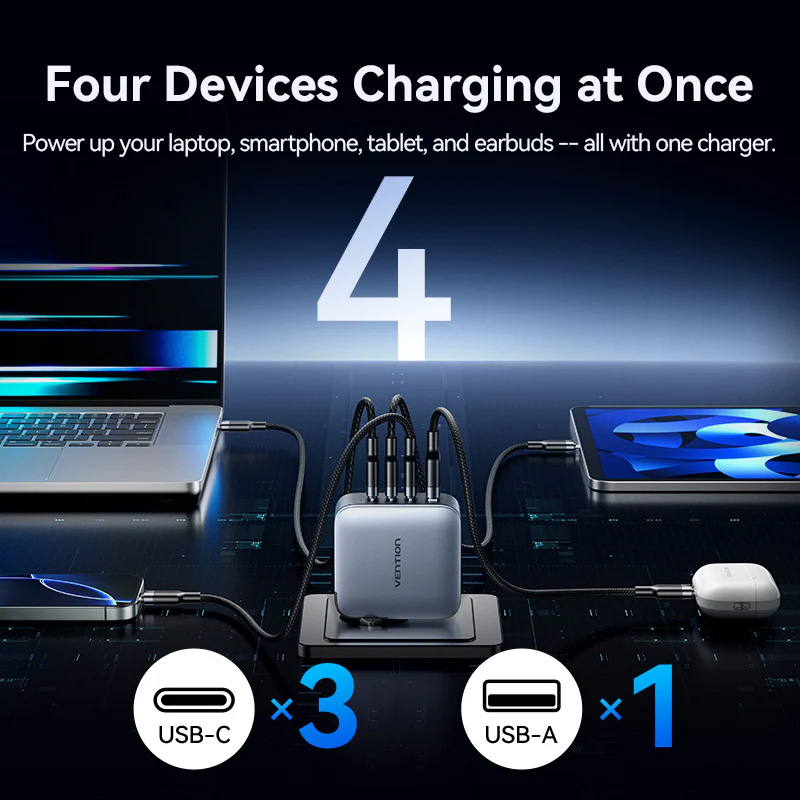 Зарядний пристрій VENTION 3xUSB-C, 1xUSB-A GaN Charger 100W Gray w/Type-C cable (TZ-FETH0-EU)