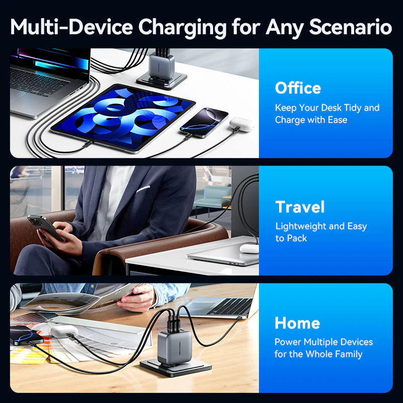 Зарядний пристрій VENTION 3xUSB-C, 1xUSB-A GaN Charger 100W Gray w/Type-C cable (TZ-FETH0-EU)