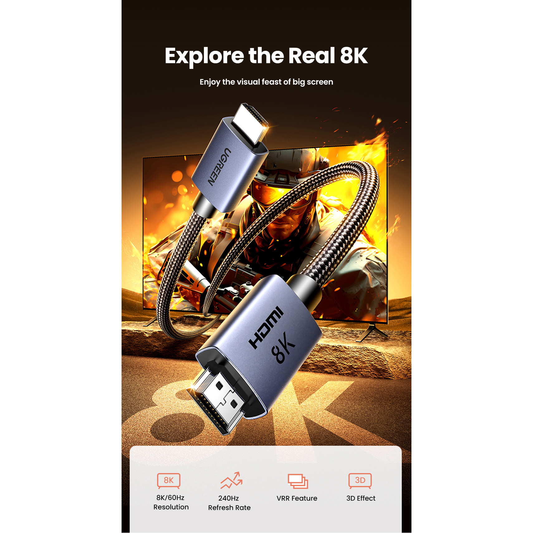 Кабель UGREEN HD171 HDMI v2.1 2м Gray (25910)
