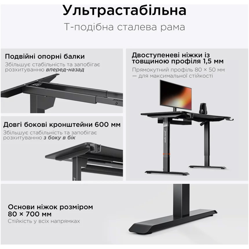 Комп’ютерний стіл з електрорегулюванням висоти ANDA SEAT Xtreme 1600x800mm Black