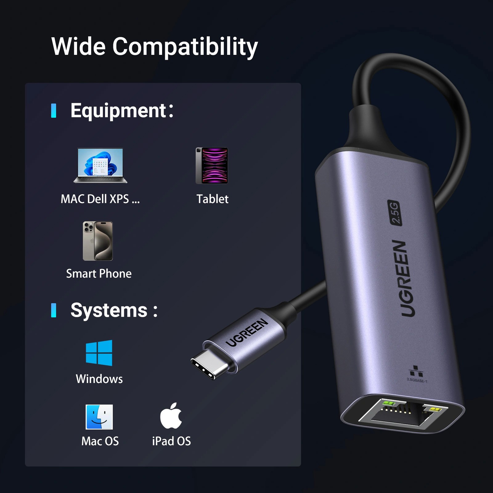 Мережевий адаптер UGREEN CM648 USB-C 2.5 Gigabit Ethernet Adapter Space Gray (25052)