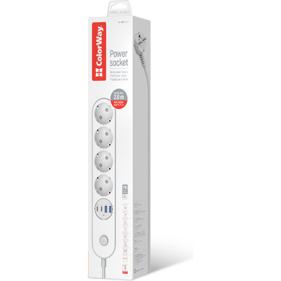 Сетевой фильтр COLORWAY CW-CHE44PDW White, 4 розетки, 2xUSB-C, 2xUSB, 2м