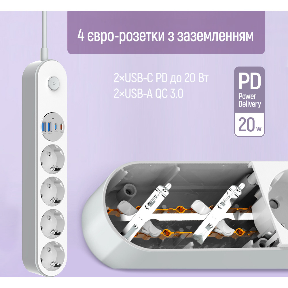 Сетевой фильтр COLORWAY CW-CHE44PDW White, 4 розетки, 2xUSB-C, 2xUSB, 2м