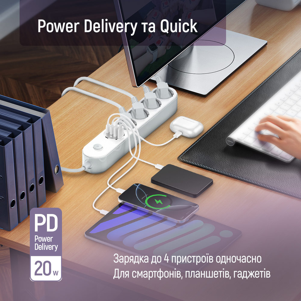 Сетевой фильтр COLORWAY CW-CHE44PDW White, 4 розетки, 2xUSB-C, 2xUSB, 2м
