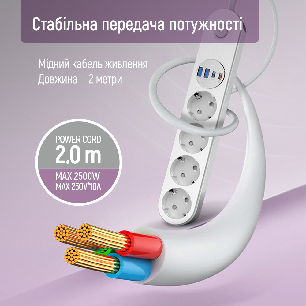 Сетевой фильтр COLORWAY CW-CHE44PDW White, 4 розетки, 2xUSB-C, 2xUSB, 2м