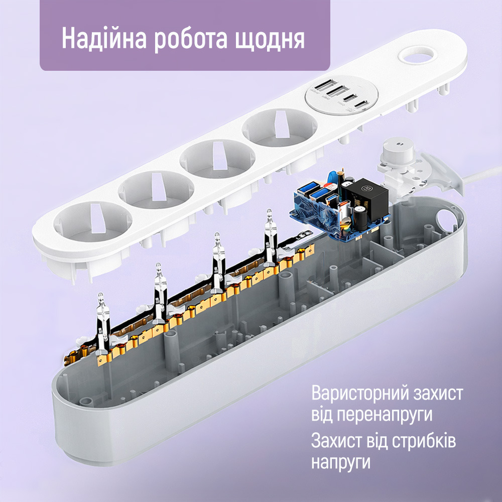 Сетевой фильтр COLORWAY CW-CHE44PDW White, 4 розетки, 2xUSB-C, 2xUSB, 2м