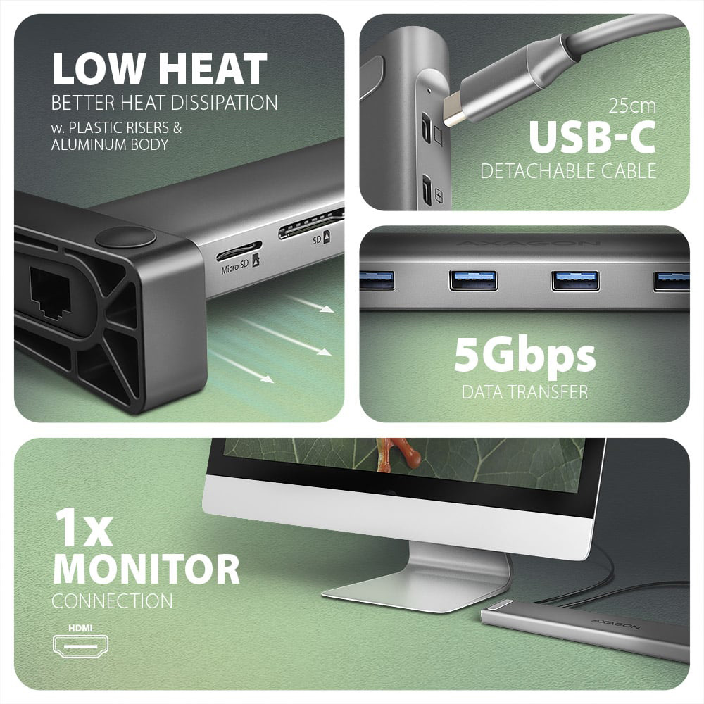 Док-станція AXAGON 9-in-1 Longer USB-C 5Gbps Hub