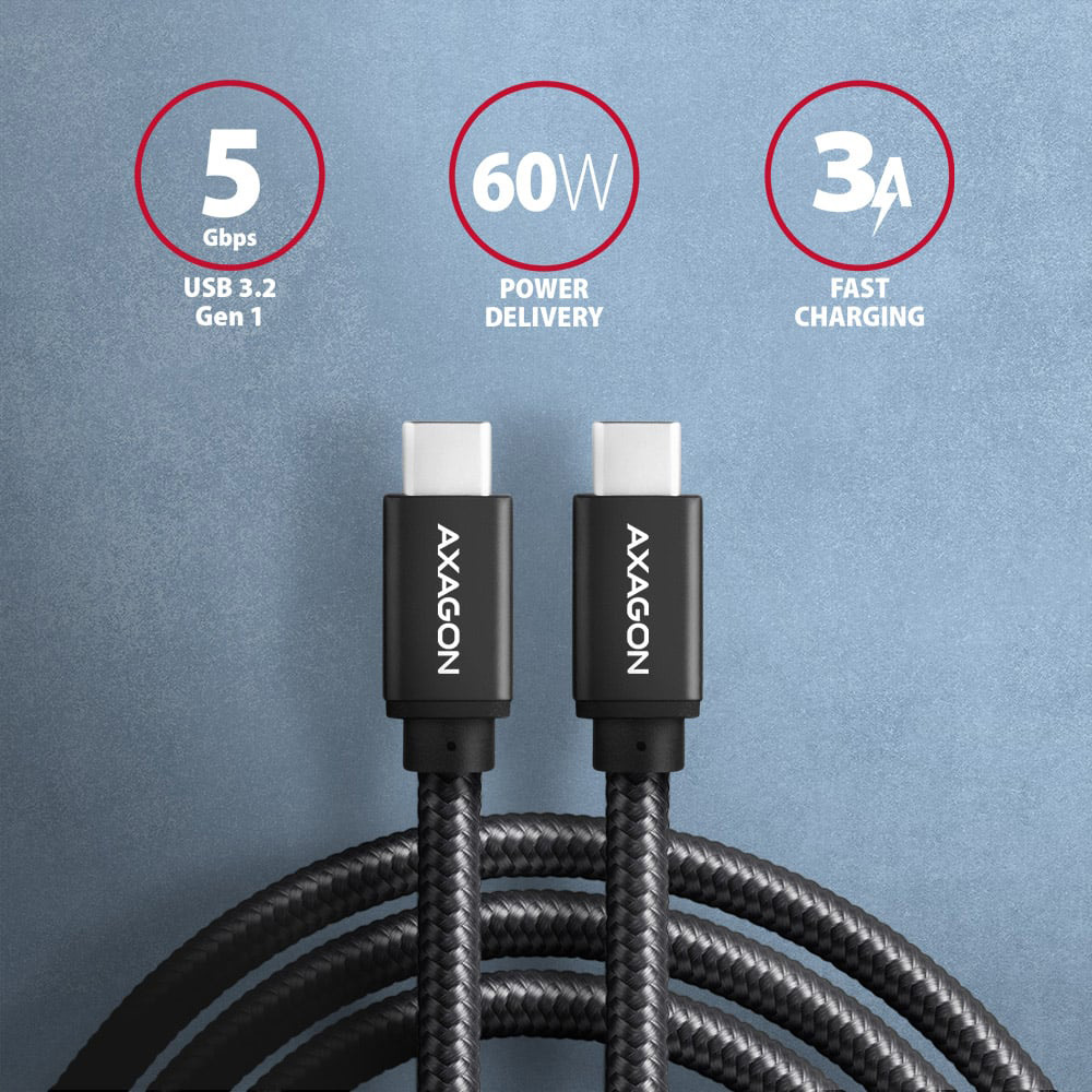 Кабель AXAGON USB-C to USB-C 3.2 Gen 1 3м Black