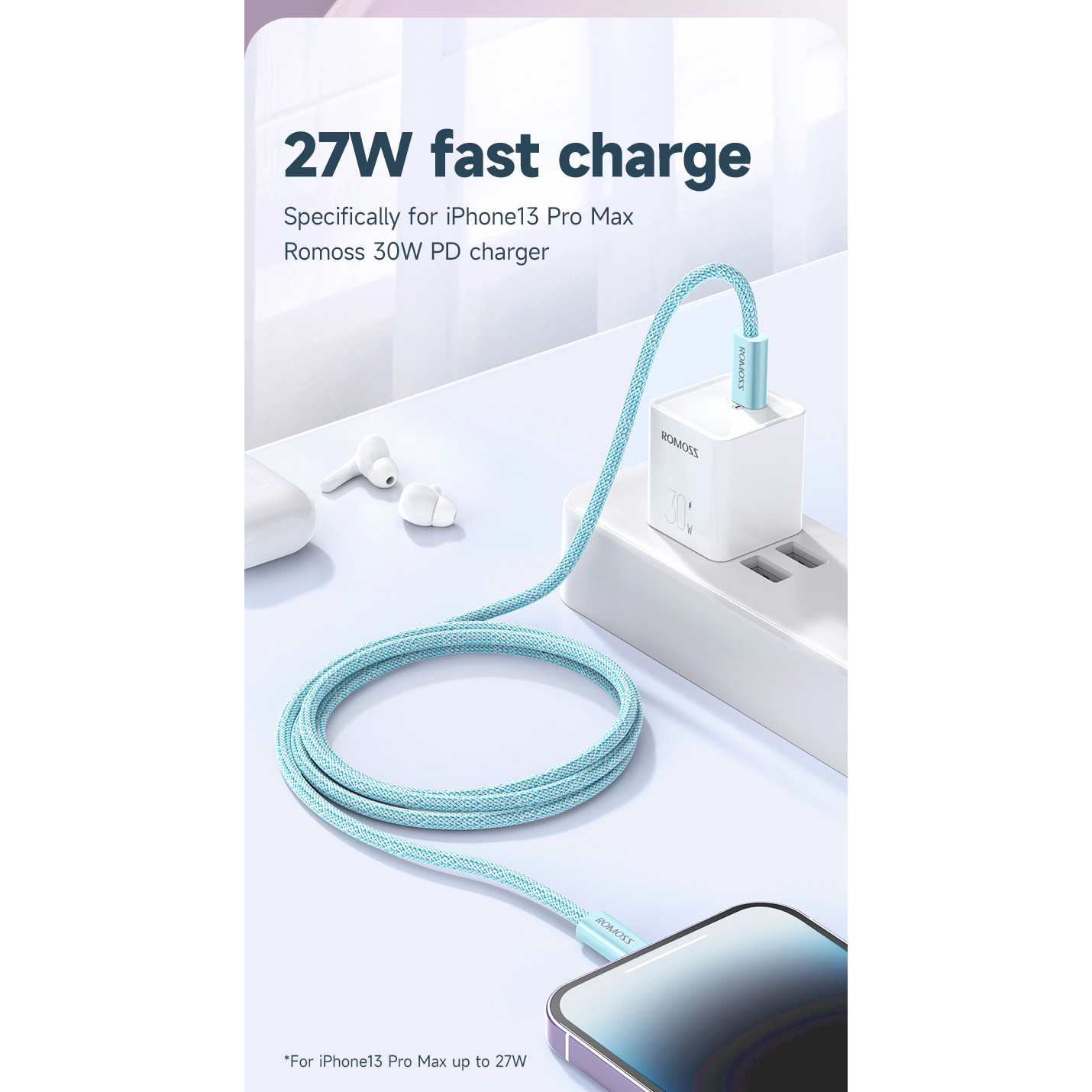 Кабель ROMOSS CB1734 USB-C to Lightning PD 27W 2м Blue (CB1734G-831-727H)