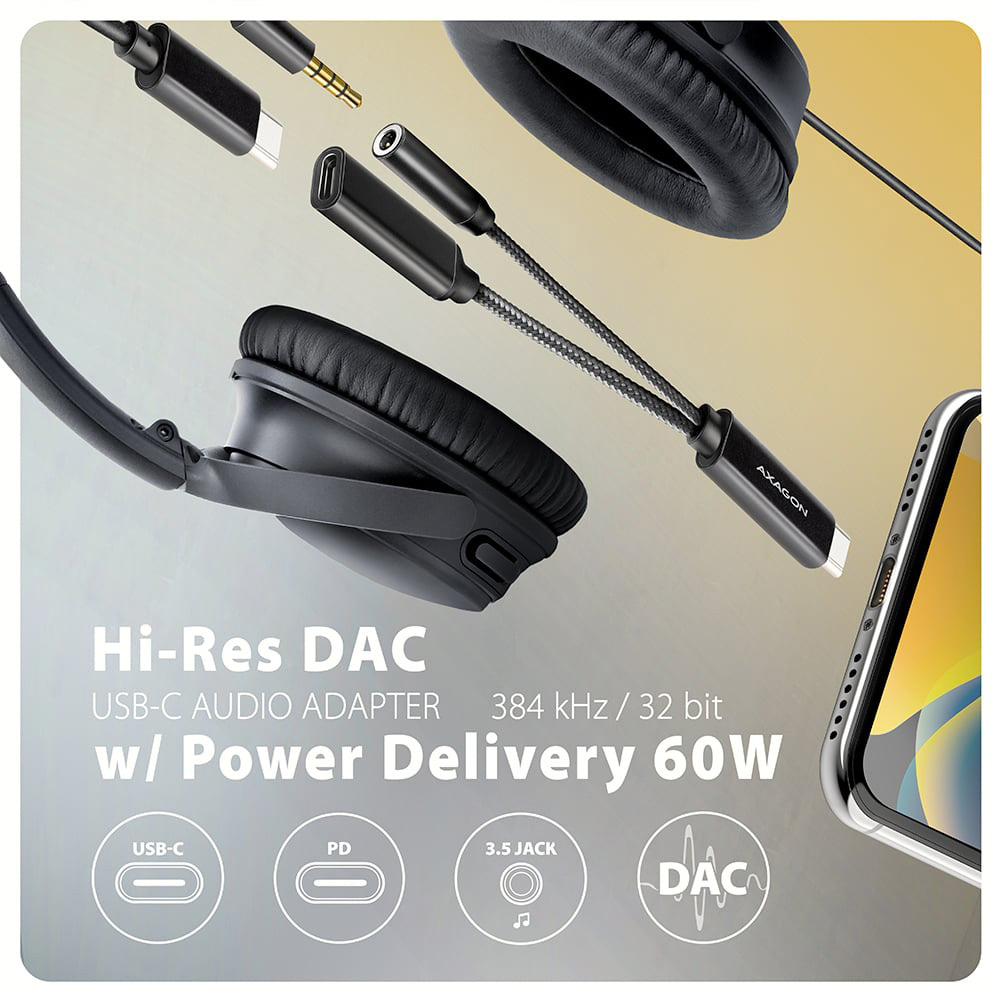 Конвертер аудіосигналу AXAGON ADA-HCPD USB-C M/F + minijack 3.5mm with Power Delivery 60W Black
