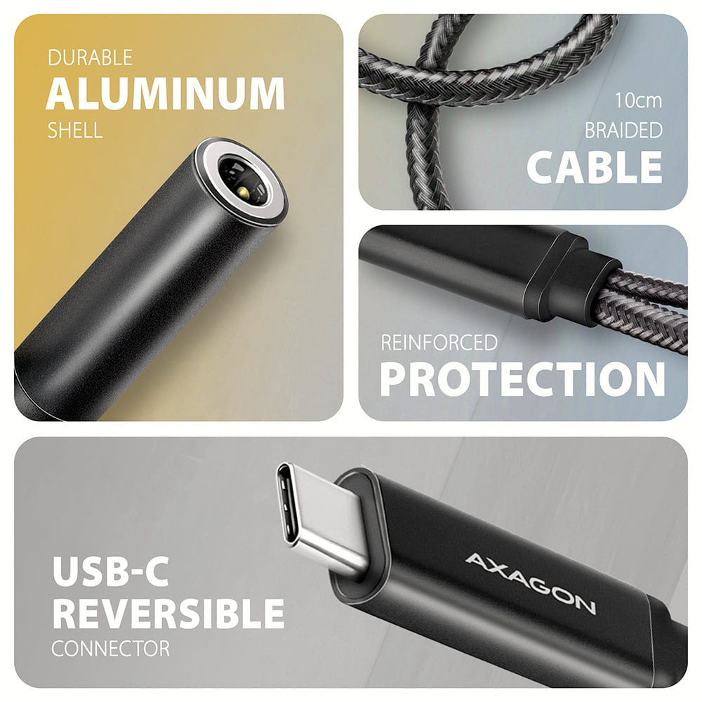 Конвертер аудіосигналу AXAGON ADA-HCPD USB-C M/F + minijack 3.5mm with Power Delivery 60W Black