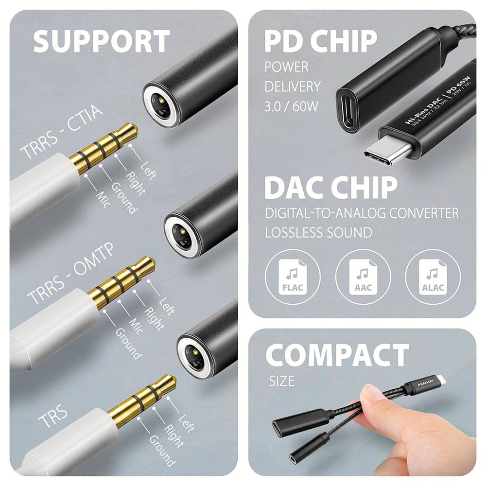 Конвертер аудіосигналу AXAGON ADA-HCPD USB-C M/F + minijack 3.5mm with Power Delivery 60W Black
