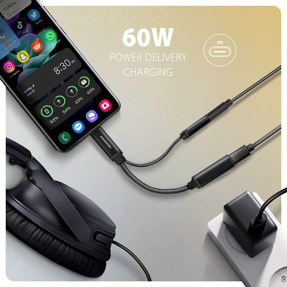Конвертер аудіосигналу AXAGON ADA-HCPD USB-C M/F + minijack 3.5mm with Power Delivery 60W Black