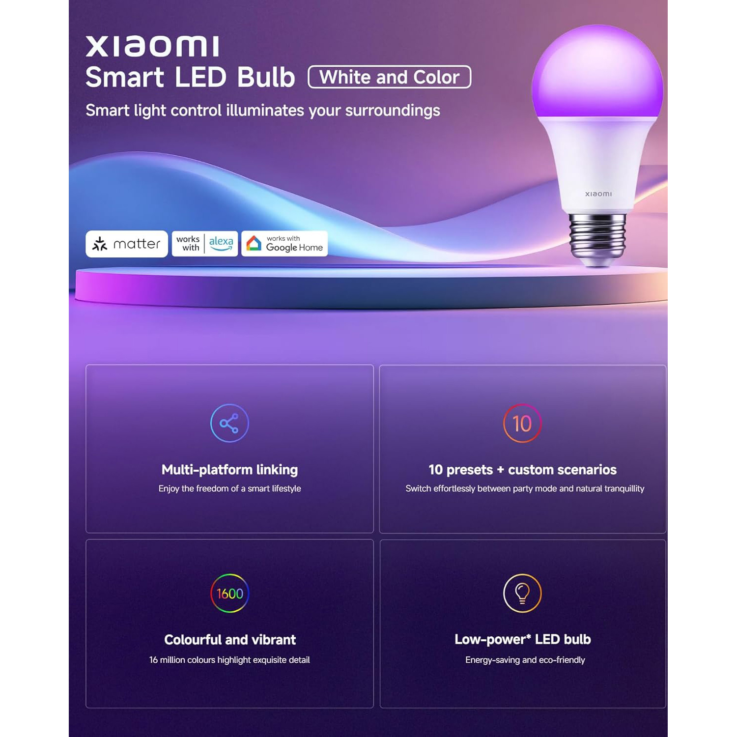 Розумна лампа XIAOMI Smart LED Bulb White and Color E27 8.5W 2700-6500K (BHR9434GL)