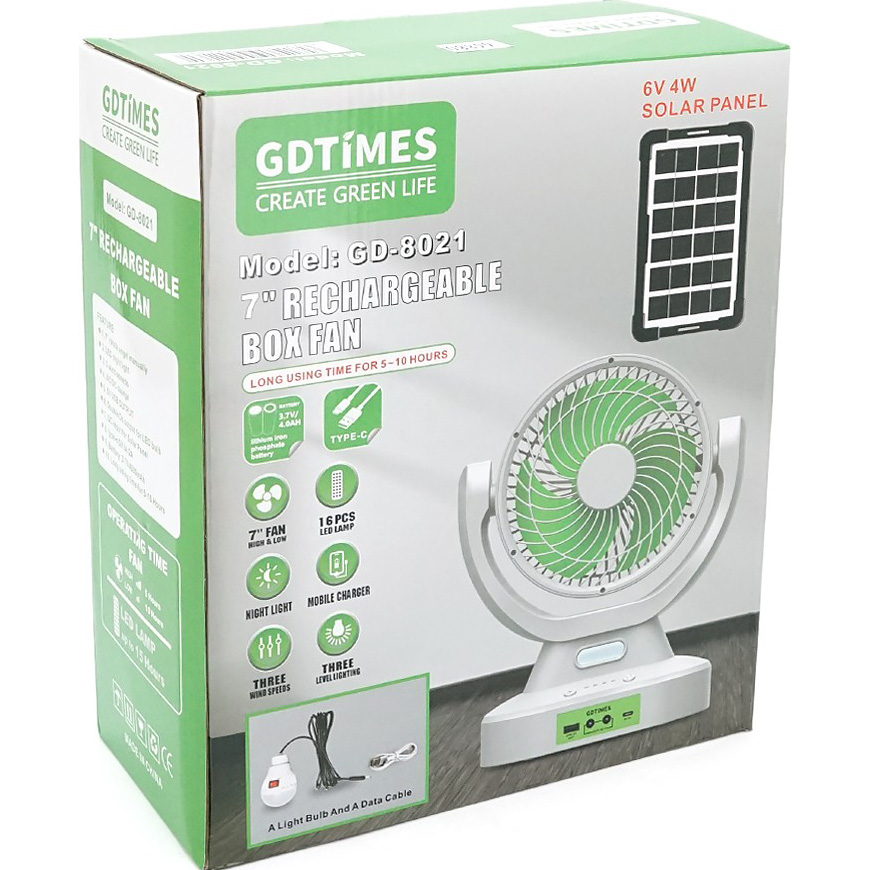 Настольный портативный вентилятор GDTIMES GD-8021 + Solar Panel + LED Lamp