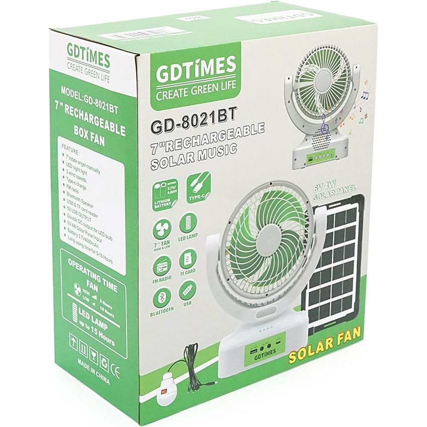 Настольный портативный вентилятор GDTIMES GD-8021BT + Solar Panel + LED Lamp