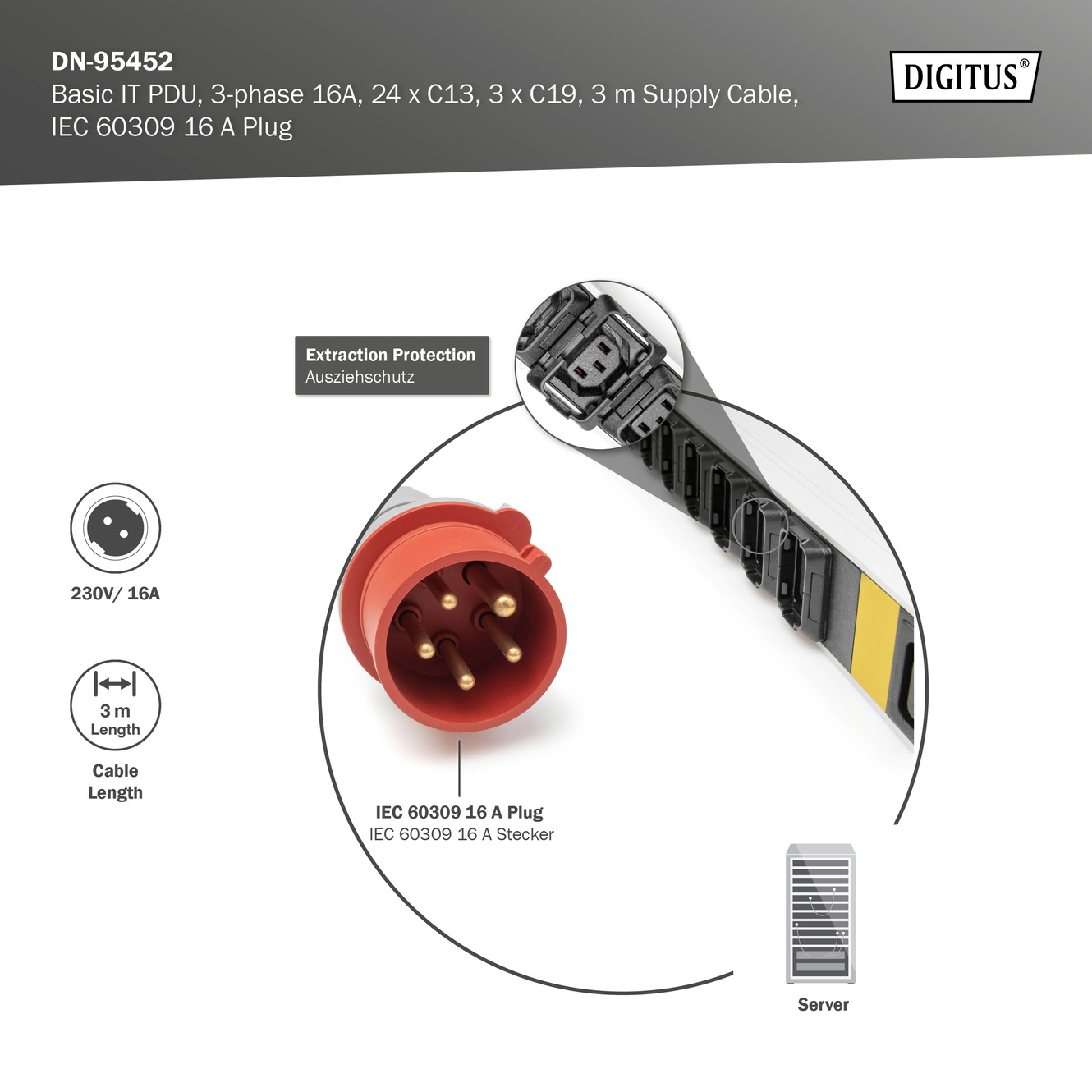 Розподільник живлення DIGITUS 19" Basic IT PDU 3-phase, 24xC13, 3xC19, 16А, без вимикача, 3м (DN-95452)