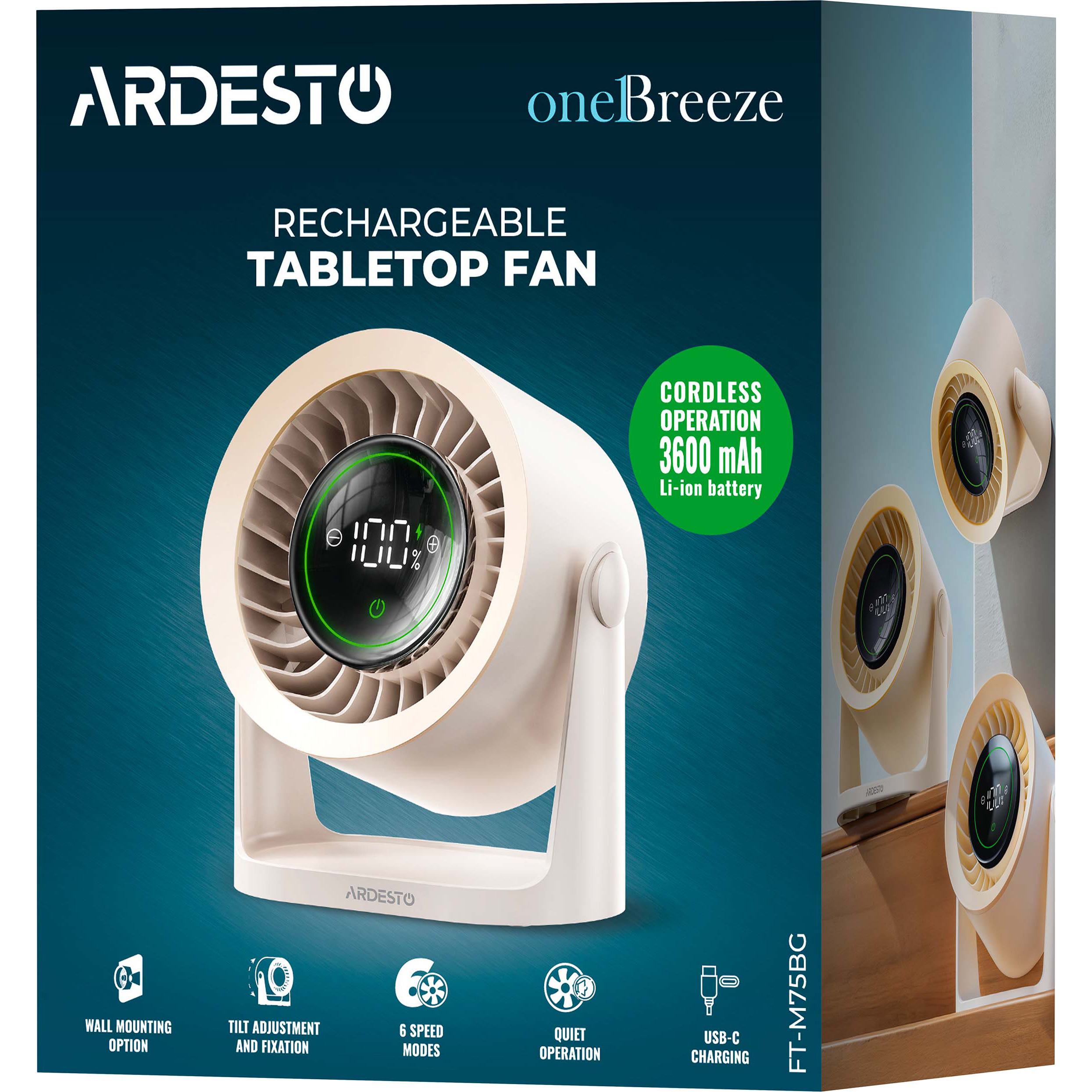 Настільний портативний вентилятор ARDESTO OneBreeze FT-M75BG