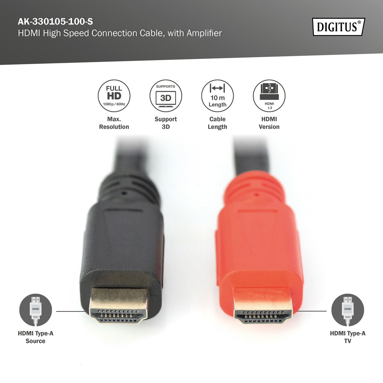 Кабель DIGITUS Full HD High Speed Connection with Amplifier HDMI v1.3 10м Black (AK-330105-100-S)