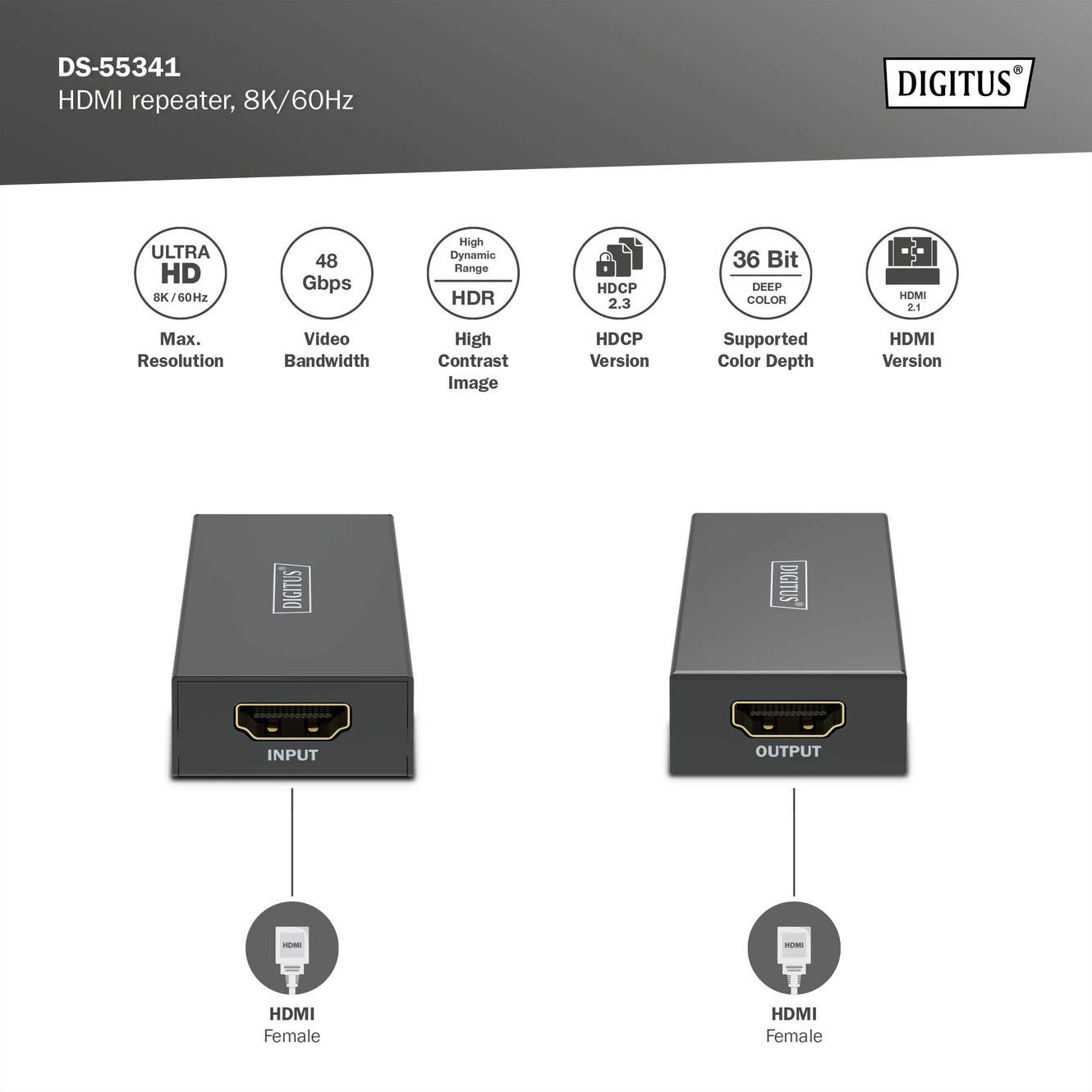 Ретранслятор DIGITUS 8K@60Hz HDMI v2.1 Black (DS-55341)